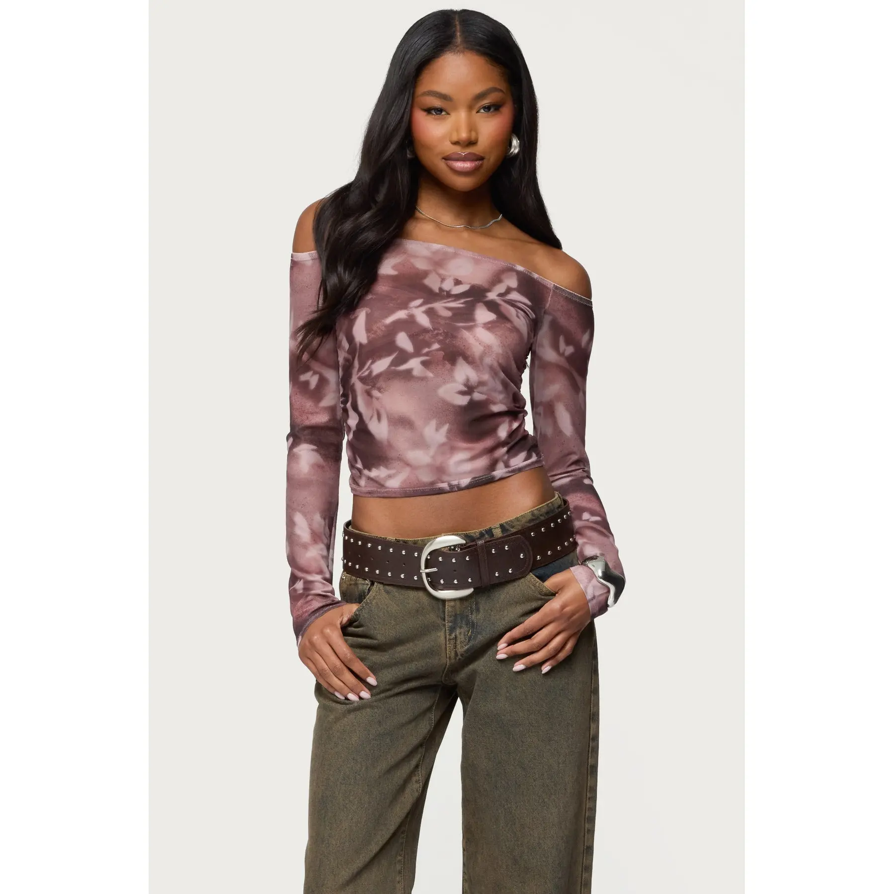 Off Shoulder Printed Sheer Mesh Top Off Shoulder Printed Sheer Mesh Top