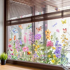 Vibrant Butterfly & Wildflower Window Clings - Reusable, Waterproof PVC Decals for Glass Surfaces, Easy to Apply Static Stickers for Home & Office Decor