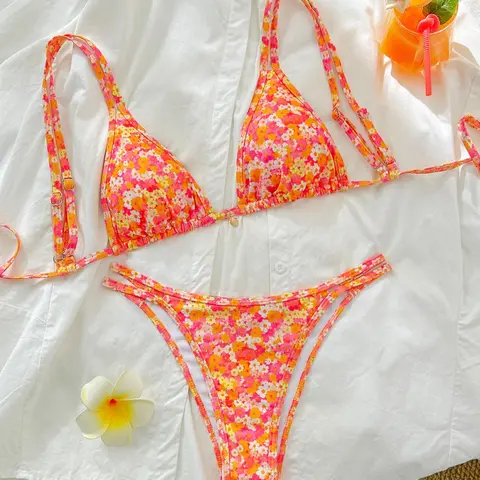 Women's Floral Print Spaghetti Strap Bikini Set, Casual Fashion Chic Swimsuit Set for Beach Holiday Vacation, Ladies Swimwear for All Seasons, Bikinis Sets, Summer Beach Bikini, Floral Bathing Suits, Printed Bikini Set, Summer Swimsuits