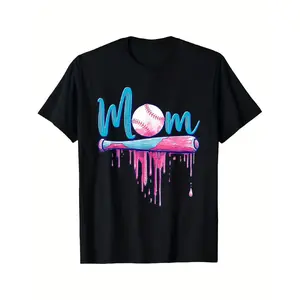 Baseball Mom T-Shirt Pink Blue Drip Baseball Bat Graphic Tee Casual Short Sleeve Top Perfect Gift for Baseball Moms Mother's Day Game Day Outfit
