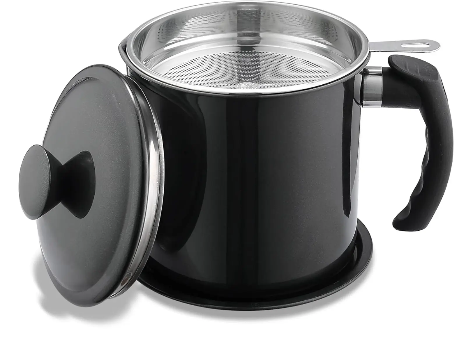 48oz Sturdy Large Functional Stainless Steel Bacon Grease Container with Strainer - Kitchenware, Cooking Oil Container, Easy-Grip Handle, Lid, Silver Finish, Fat Separation Oil Drip Dispenser for Kitchen Storage, 48 Oz