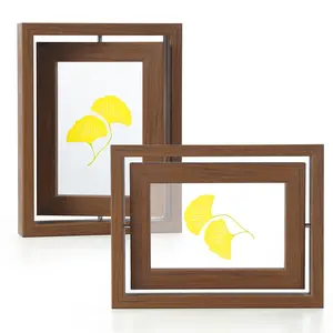 Double 5x7 Rotating Floating Picture Frames Natural Walnut Wood 360° Dual-Side Display with Crystal Glass for Tabletop Desk or Shelf Decor Easy-Load System Poetic Gift Ready Wooden photo display frame