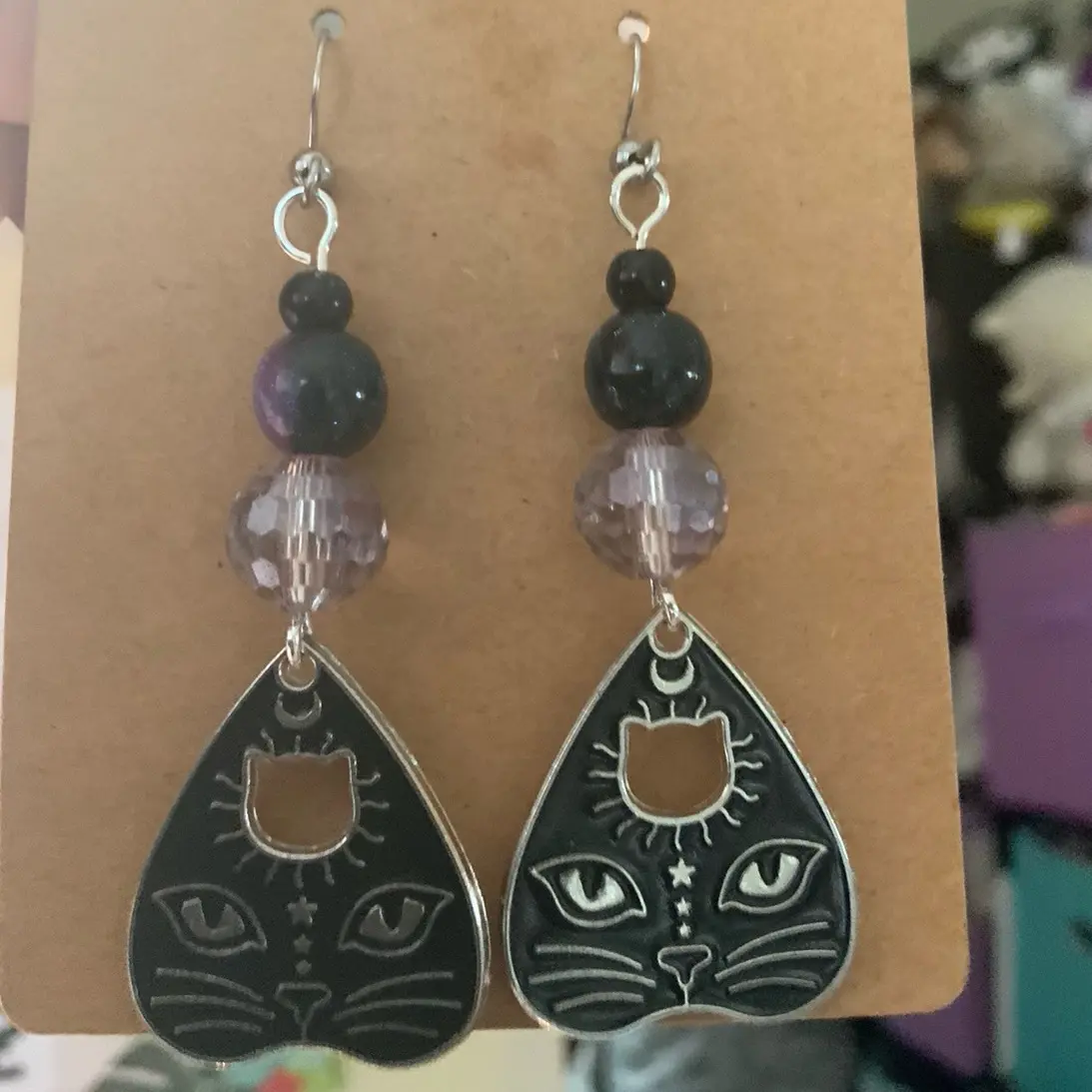 Unique Spooky Ouija Cat charm sparkly hook earrings