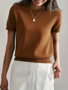Summer Solid Round Neck Short Sleeve Women's Knit Top, Casual Daily Wear, Breathable Lightweight Fabric, Perfect Fit, Ideal for All Seasons