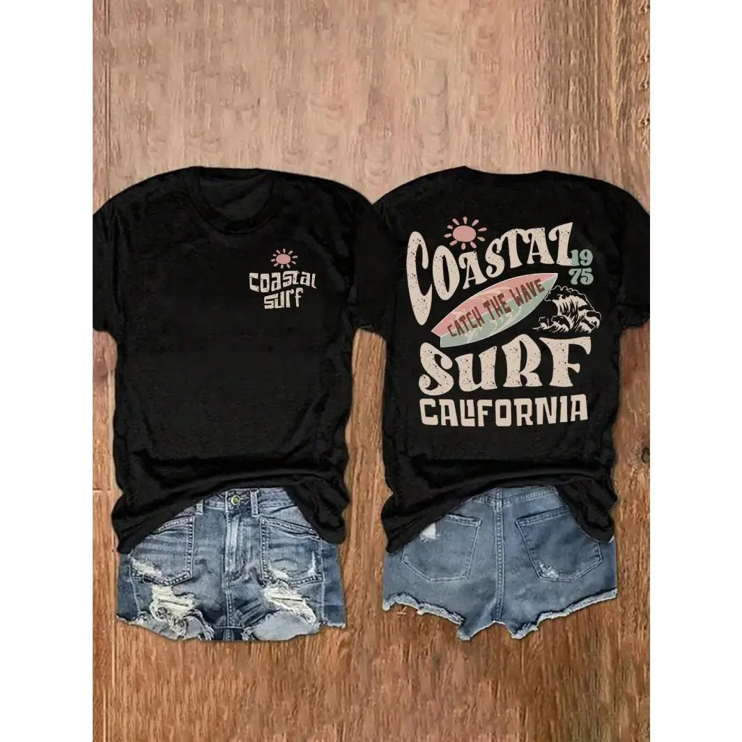 Men's Graphic T-Shirt, Vintage California Surf Back Print, Breathable Cotton Blend, Relaxed Fit Shortsleeve Round Neck, Fabric, Menswear