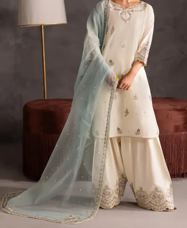 Women's Asman 3-PC Embroidered Lawn Suit - Cotton Shirt, Matching Trouser, Organza Shawl, Straight Fit, Comfortable Accessories