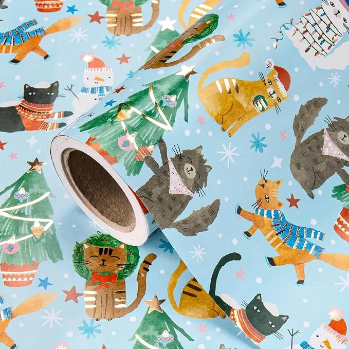 WRAPAHOLIC Christmas Cat Wrapping Paper Roll, Cute Holiday Gift Wrap with Cat, Dog, Snowman & Christmas Tree Designs, Gold Foil Christmas Gift Wrapping Paper for Kids, Pet Lovers, Family, Holiday Party, Winter Season, 17 Inch x 16.5 Feet