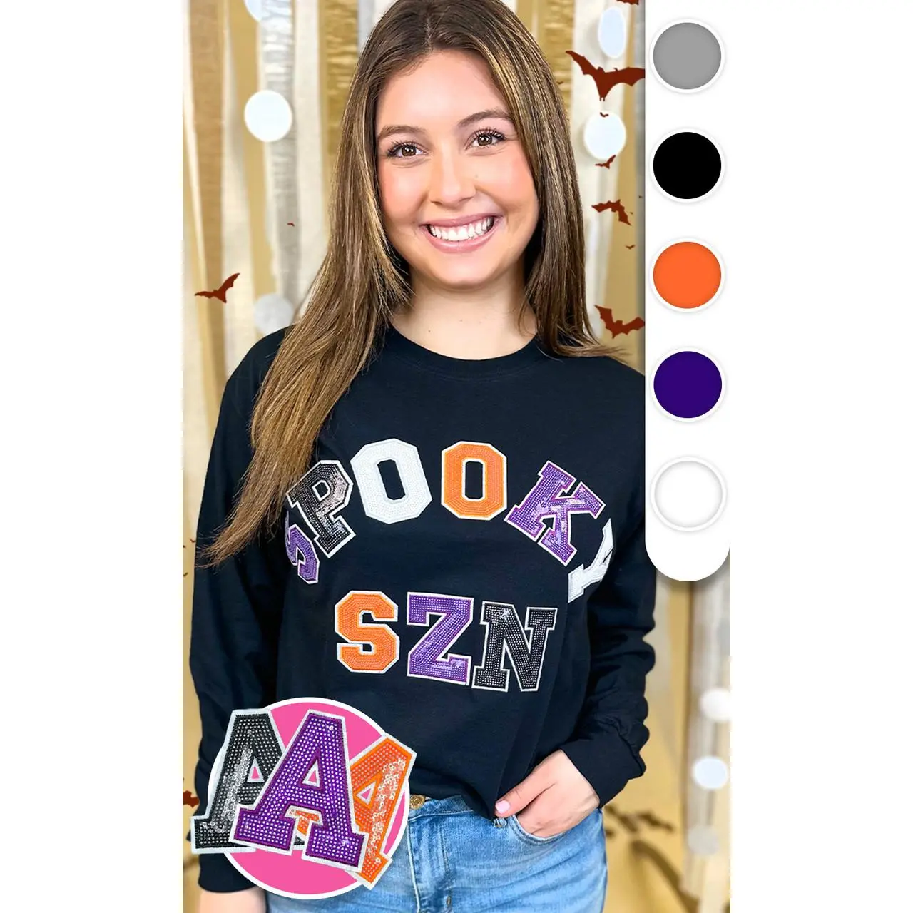 Tees2urdoor Women's Fitted Cotton Round Neck Long-Sleeve Graphic T-Shirt - Spooky Halloween Sequin Printed Casual Streetwear Top