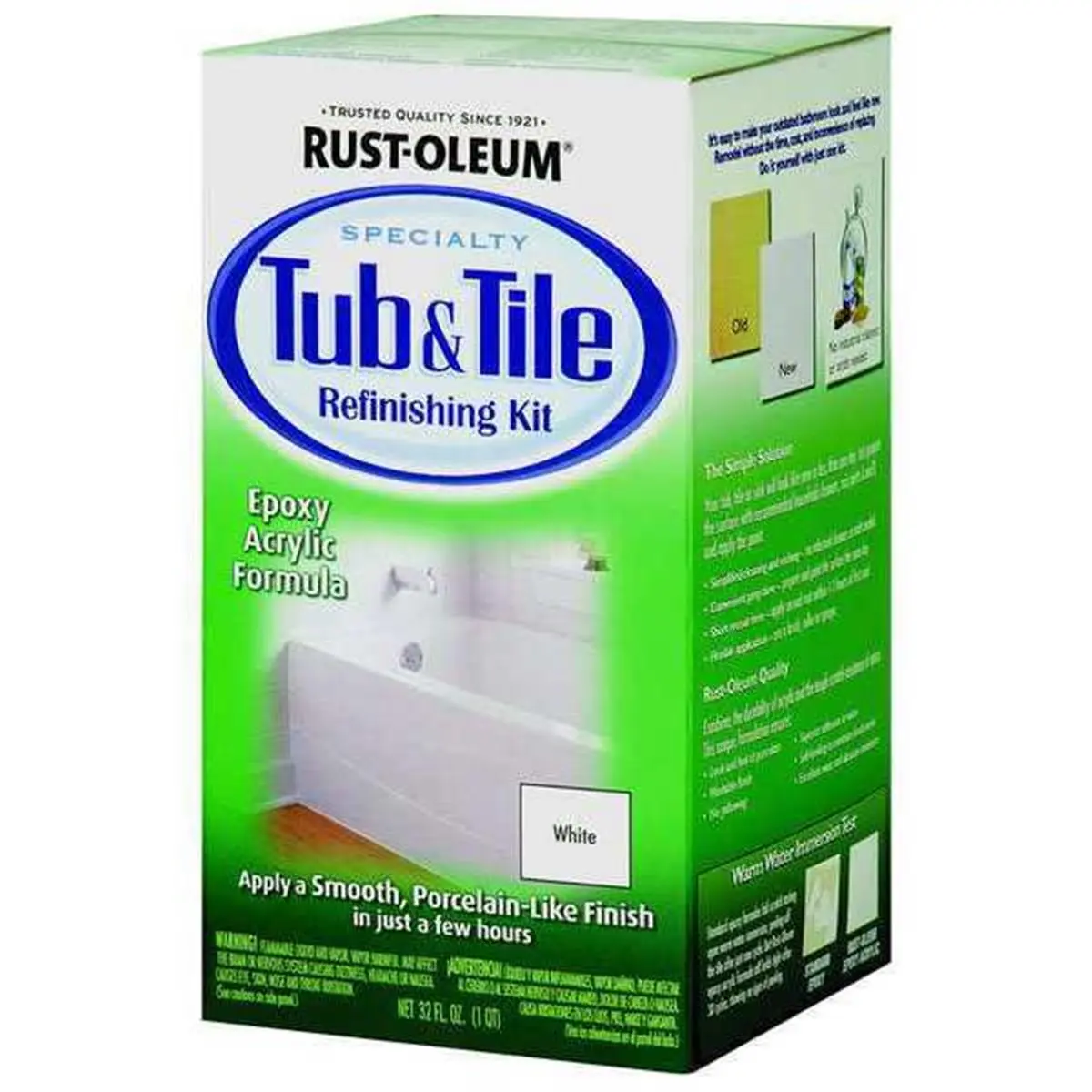 Rust-Oleum 384165 Epoxy Bathroom Bathtub & Tile Refinishing Kit, 1 Qt., Corrosion-Resistant, Fiberglass-Ceramic Compatible, Smooth Finish, 3-Day Home Care Household Supply, White