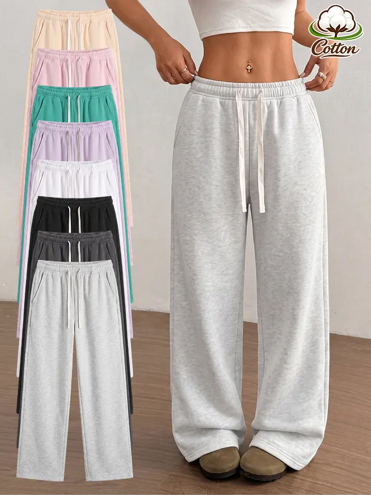 1/2/3 Pack Women’s casual loose straight-leg athletic pants with elastic drawstring waist, cotton fabric—breathable and soft, available in 8 colors, suitable for everyday outdoor casual wear.
