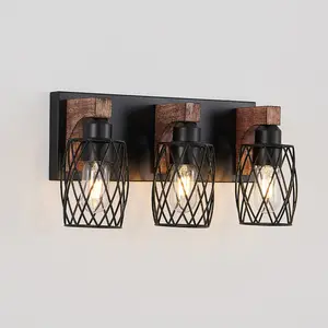 18 Inch Black Cage Industrial Vintage Wall Sconce, 3-Light Walnut Wood Accent Wall Mount Lighting Fixture, Sturdy Iron & Solid Wood Rustic Vanity Wall Lamp, Easy Install Hardwired Decorative Light for Home Indoor Space