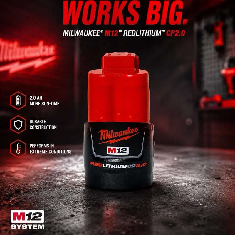Milwaukee M12 2.0 Ah Lithium-Ion Rechargeable Power Tool Battery