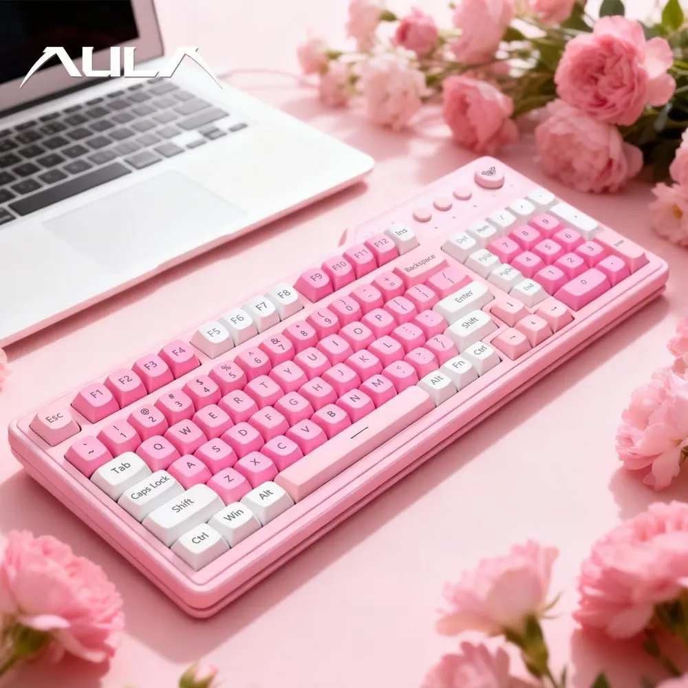 AULA F3099 three-mode wireless keyboard, Keyboards Wireless, Multifunctional keyboard, 99 keys, RGB lighting effect, multi-function knob, light tone film design, compatible with Windows/Mac/iOS system, computers and mobile phones