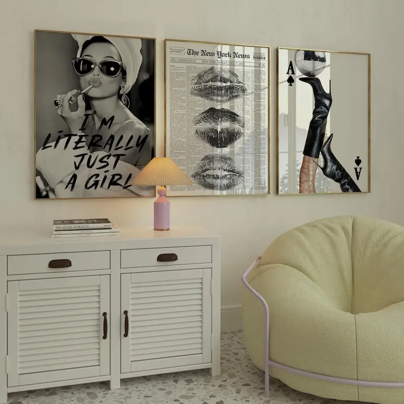 Fashion Wall Art Set of 3 Black and White Posters, Retro Newspaper, Disco Ball Boots, Coquette Dorm Room Decor