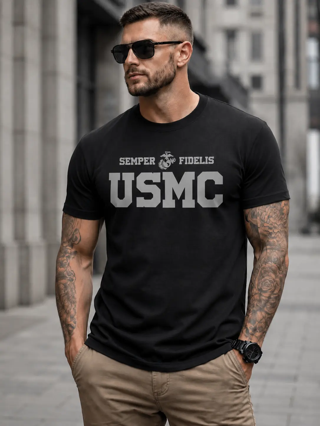 USMC Soft Cotton Graphic T-Shirt, Unisex Relaxed Fit Round Neck Top with Patriotic Double-Sided Eagle Globe Anchor Print and Quote Detail