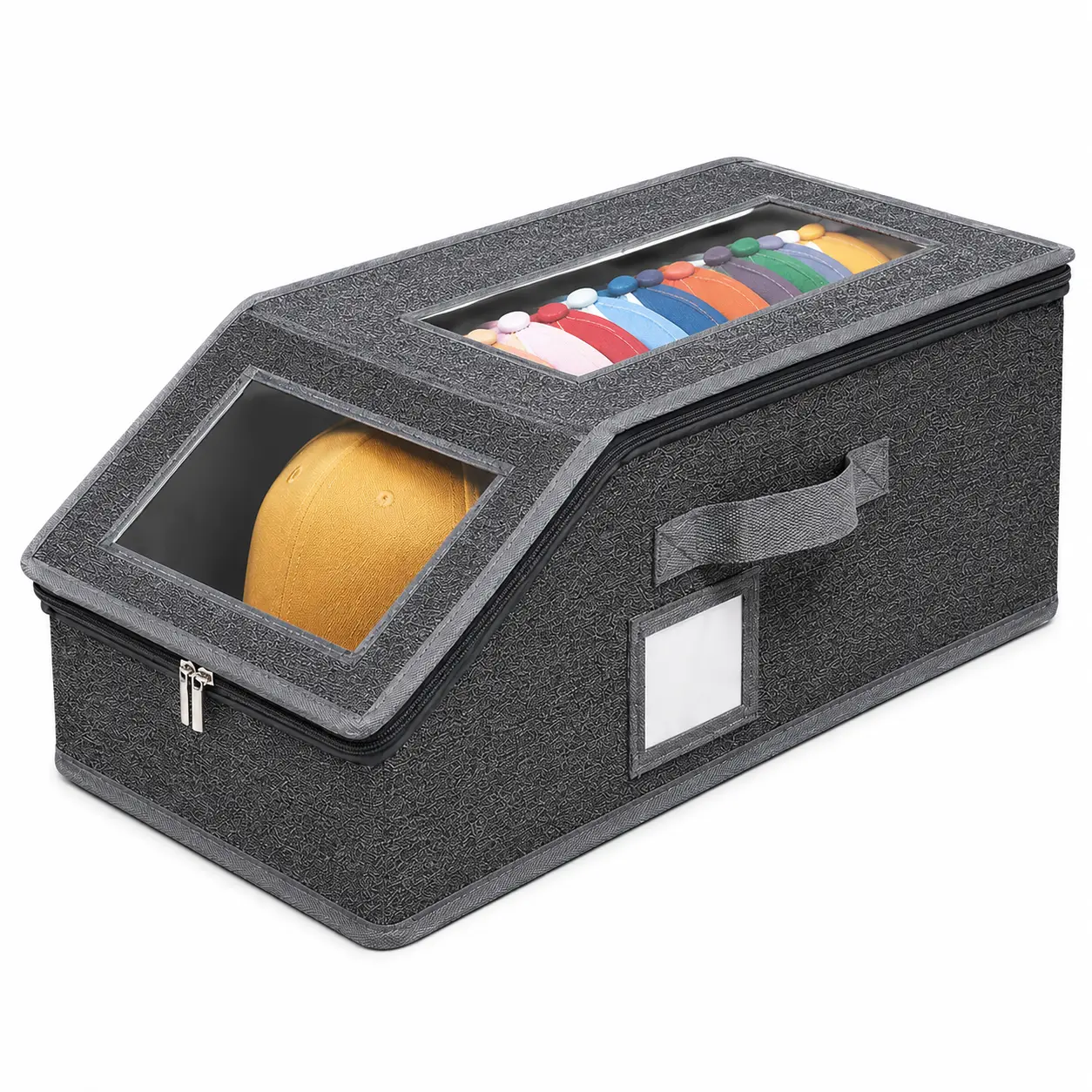 Yokumio Stackable Fabric Hat Storage Boxes with Clear Window, Foldable Breathable Fabric Organizer Holds Up to 24 Baseball Caps, Sturdy Cardboard Closet Storage Bins for Men, Ideal Gift