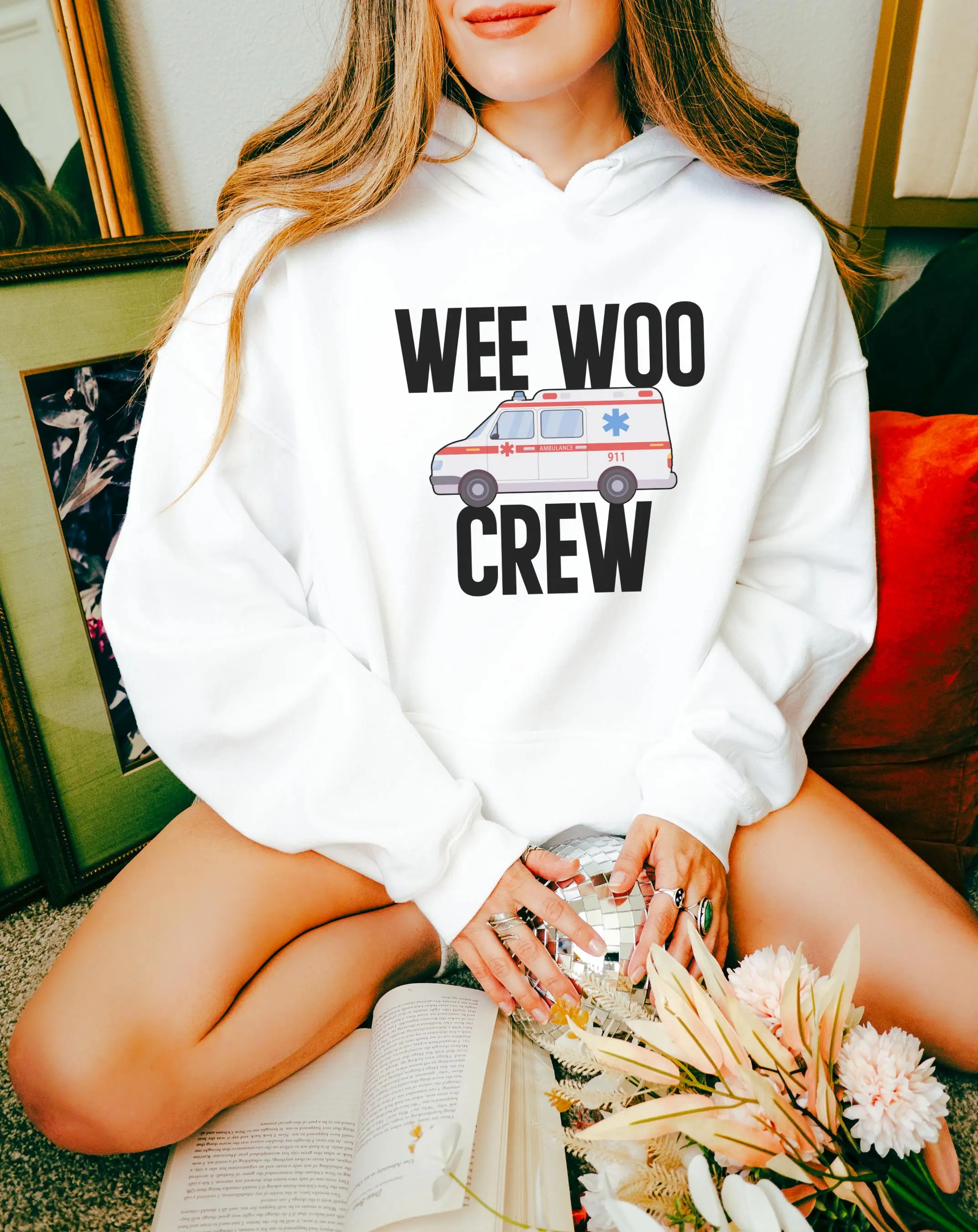 Wee Woo Crew Hoodie - Funny EMT Paramedic Sweatshirt Gift, Long Sleeve, Casual Unisex Retro Winter Hoodie, Premium Cotton DTG Print, Perfect for EMS Teams & Paramedic Graduation warm pullover hoodie