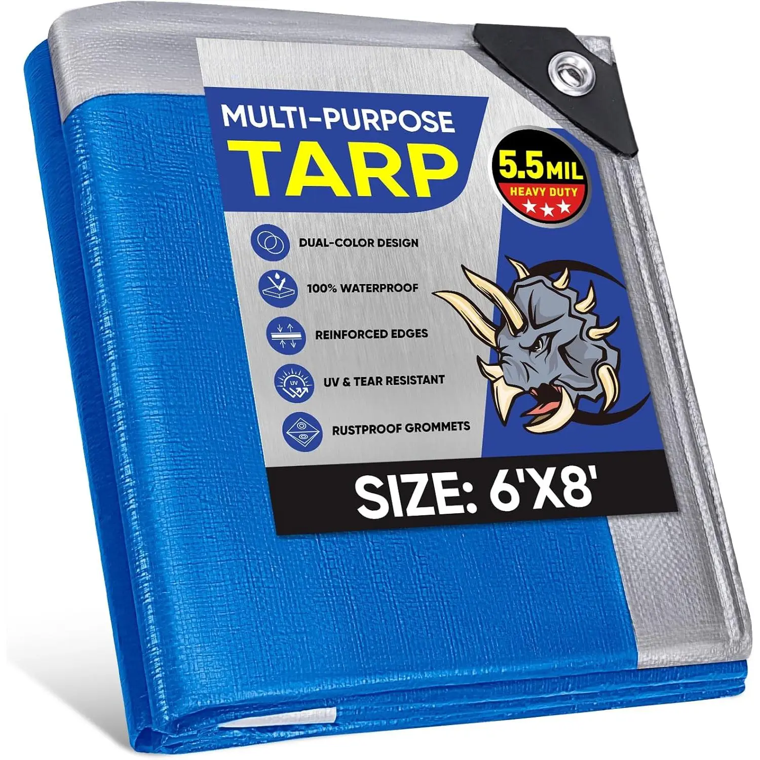 Durable Heavy Duty Tarp Cover, Extra Thick 5.5 Mil Waterproof Tarpaulin with Reinforced Grommets, Reinforced Edges, UV Resistance, Tear Resistance (6'x8')
