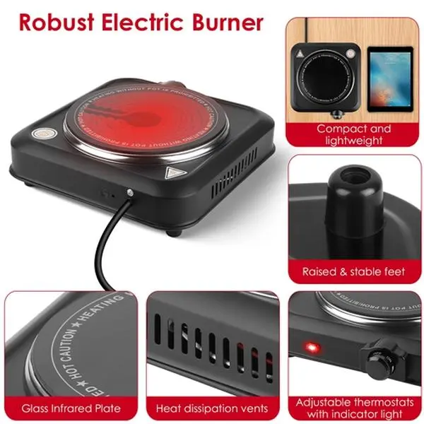 1000W Portable Infrared Single Burner Electric Hot Plate - 7.5-Inch Tempered Glass Cooktop, Adjustable Temp Appliance for Camping, Dorms, 110V US Plug, Iron Shell, Auto Shutoff, Corded Round Unit, Camper Must-Haves