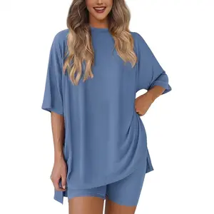 Women's 2 Piece Loungewear Set Ribbed Oversized T-Shirt and High Waisted Biker Shorts Pajama Set Casual Summer Outfits