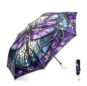 Colorful Dragonfly Art Umbrella Large UV Protection Windproof Rainproof Auto Open Close Umbrellas Lightweight Portable Folding Compact Umbrella with Dragonfly Pattern Travel Parasol Umbrellas