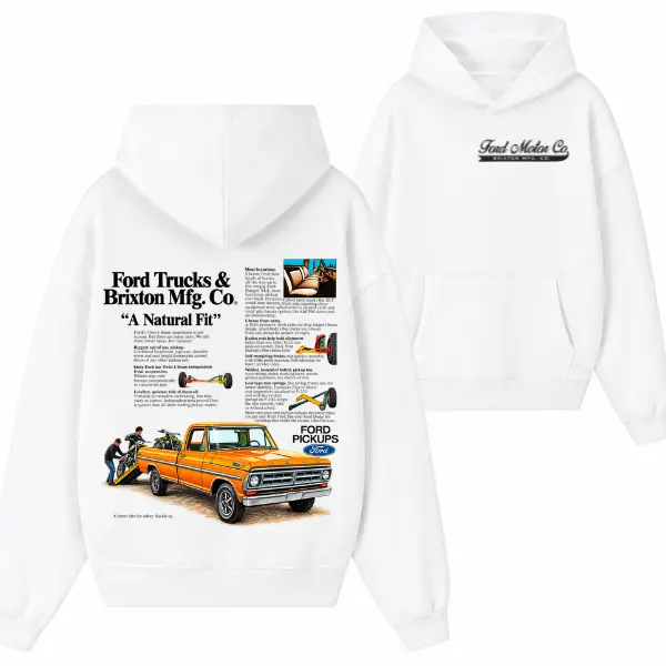 Ford Trucks Brixton Mfg. Co. Hoodie – White Vintage Pickup Graphic Sweatshirt, Retro Ford Truck Pullover for Classic Truck Fans