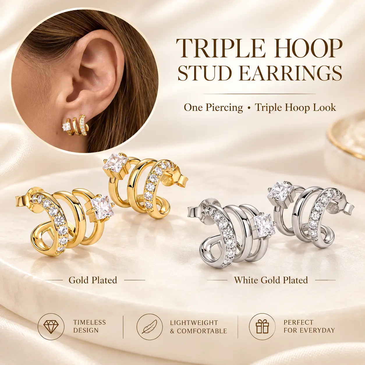 Loysun Women's Triple Hoop Stud Earrings, 3 Layer Huggie Earrings, Elegant Sparkling Jewelry, Everyday Party Anniversary Gift