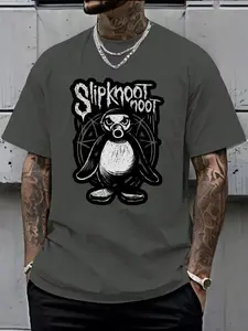 Unisex Slipknot Noot Penguin Print T-Shirt, Metal Band Inspired Casual Streetwear, Gothic Penguin Design Cotton Blend Top