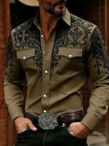 Men's Casual Western Collared Long Sleeve Shirt with Cross Scroll Graphic Pattern, Digital Print Design, Perfect for Daily Wear and Parties, Ideal Gift for Holidays