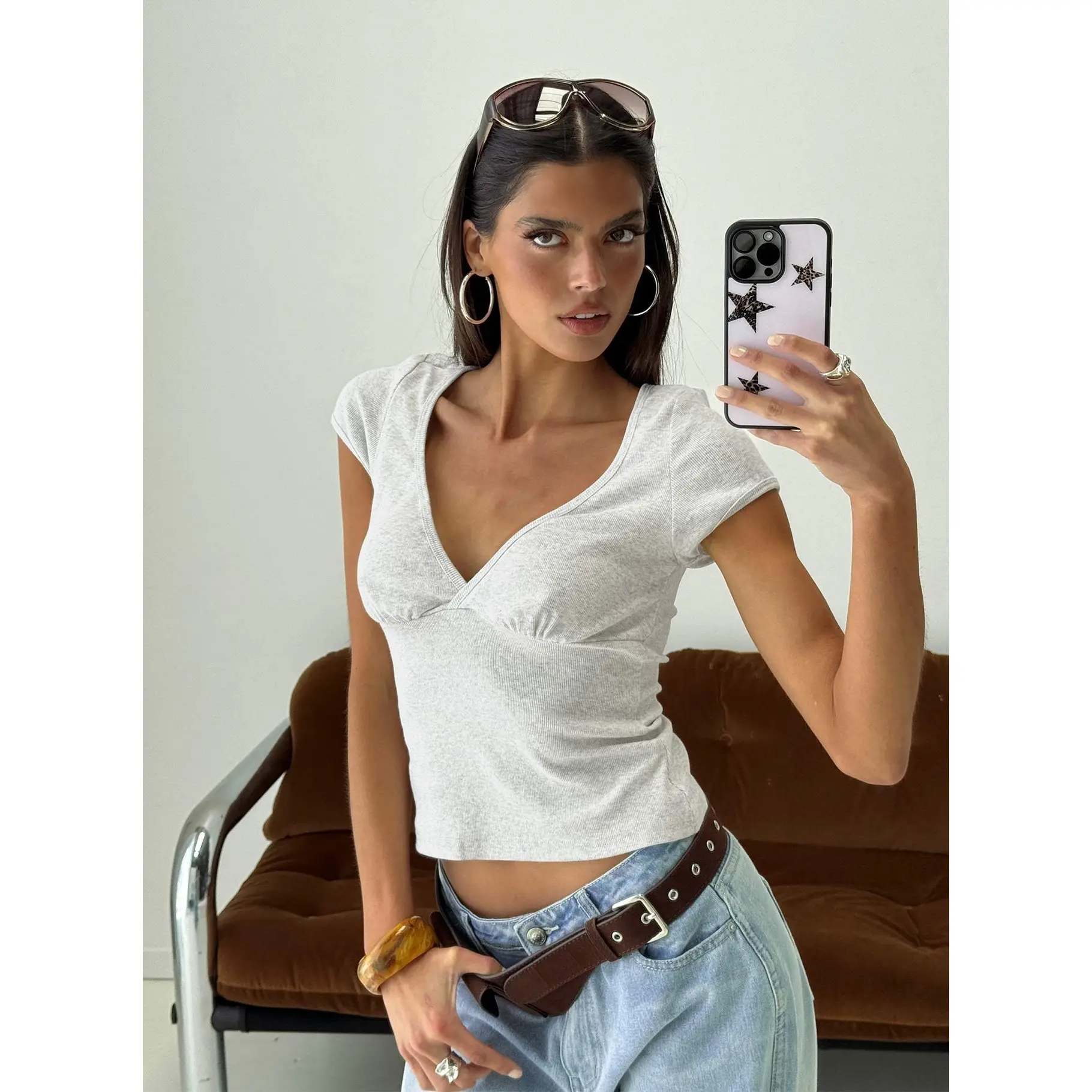 Baseline Cross Over Cap Sleeve Top Grey Marle