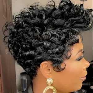 Wholesale Fashionable [Daily Chic] Elegant 6" Kinky Curly Pixie Cut Wig for Women - Brazilian Remy Human Hair, Pre-Plucked Short Bob with Bangs, Glueless Full Machine Made, 180% Density, Black, Ideal for Daily Use & Music Festivals, Put On And Go Bob Wig