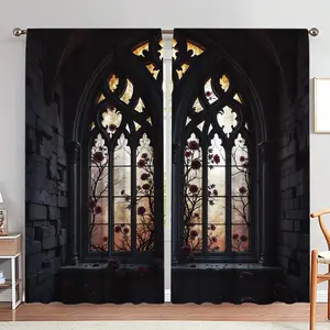 Gothic Curtains Set of 2, Medieval Style Decor, Romantic Roses and Castle Arches Design, Elegant Room Decoration, Window Curtain