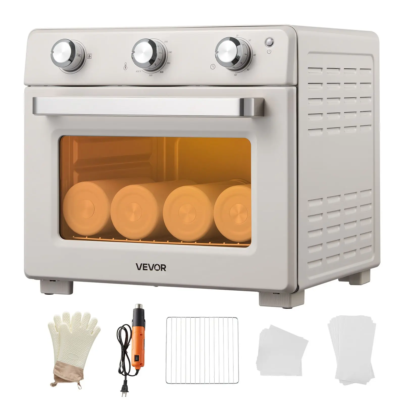 VEVOR Sublimation Oven Machine, 26 Qt, Fits 40oz Tumblers, with 1 Heat Air Gun, 50 Shrink Films, 1 Tape and 2 Heat Gloves, 360 °   Turbo Convection for Sublimation Blank Tumblers, Mugs, Bowls, Off-White