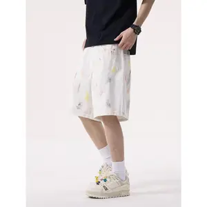 Street fashion designer loose men's straight leg denim shorts personalized hand-painted graffiti casual men's denim shorts white summer clothing men's shorts