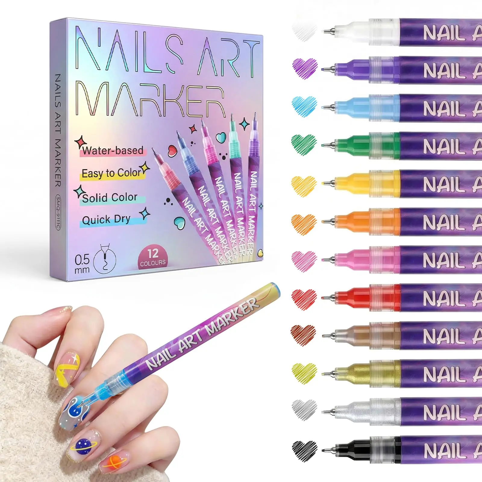 12 Colors Nail Art Pens, 0.5 mm Nail Polish Pens Set – Drawing & Painting Point Liner Pen Kit, Waterproof & Quick-Drying for DIY Nail Art Design, Manicure Tools