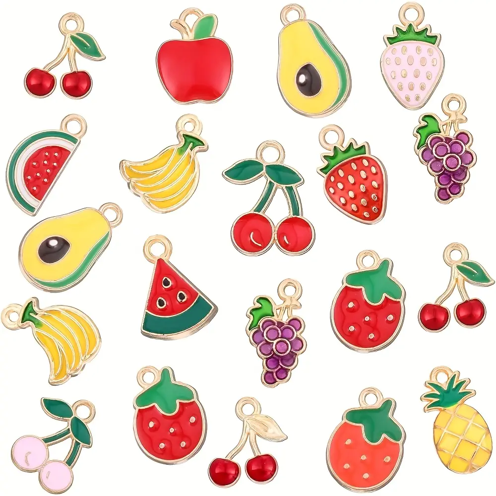 100pcs Realistic Fruit Theme Assorted Charms Set - Banana, Strawberry, Grape, Avocado, Cherry, Watermelon, Pineapple, Lemon - Red, Green, Yellow, Purple, Metallic Golden-Tone - for DIY Jewelry Making, Beading Supplies
