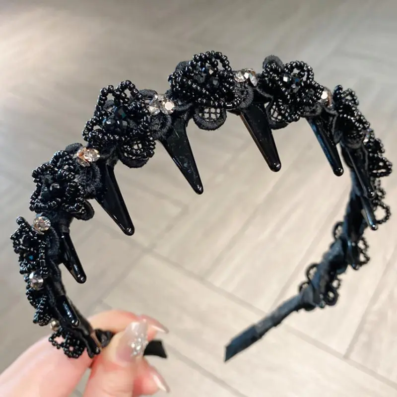 High Grade Black Crystal Bead Embroidery Flower Hair Hoop Headband Korean Vintage Hairband Outdoor Hair Accessories and Hearwear