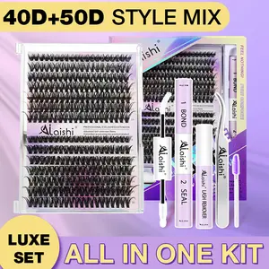 Ailaishi 40D 50D Lash Clusters Kit, DIY Cluster Eyelash Extensions 9‑16mm, 280pcs D Curl Natural Lashes with Bond & Seal,Remover,Tweezers,Brush–Fake Cat Eye Wispy Individual Clusters , Summervibes