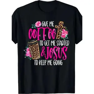 Women's Funny Coffee & Faith Graphic Tee - “Coffee & Jesus” Pink Print on Black, Loose Fit Lightweight Top for Everyday Wear, Brunch & Relaxed Weekends | Soft Casual Essential