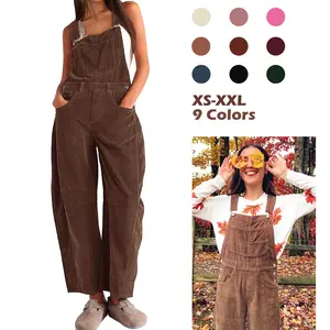 Buenoble Fall Corduroy Overalls for Women Barrel Wide Leg Bib Corduroy Pants Adjustable Romper Jumpsuit with Pockets
