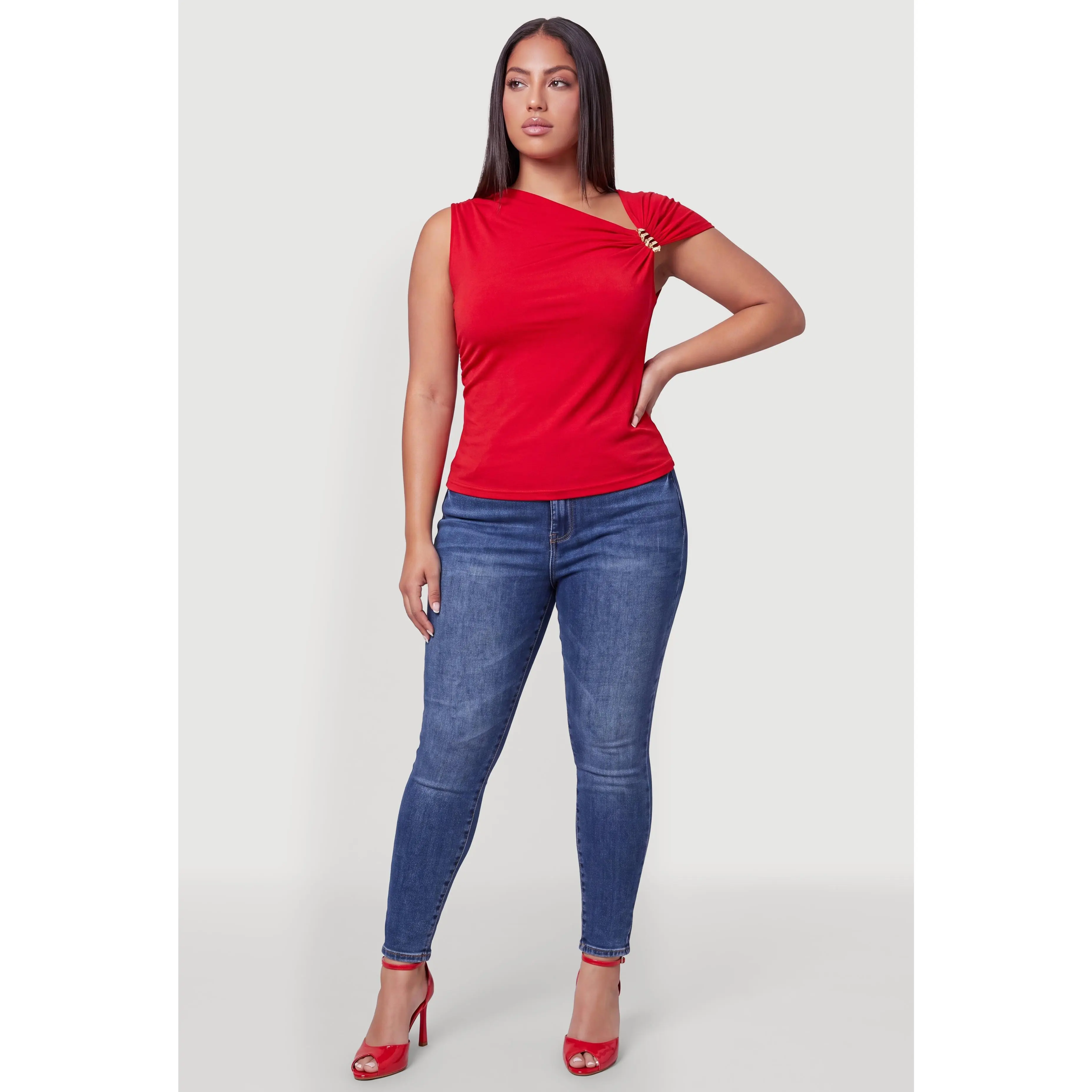 Plus Size Ruched Asymmetric Metallic Detail Top