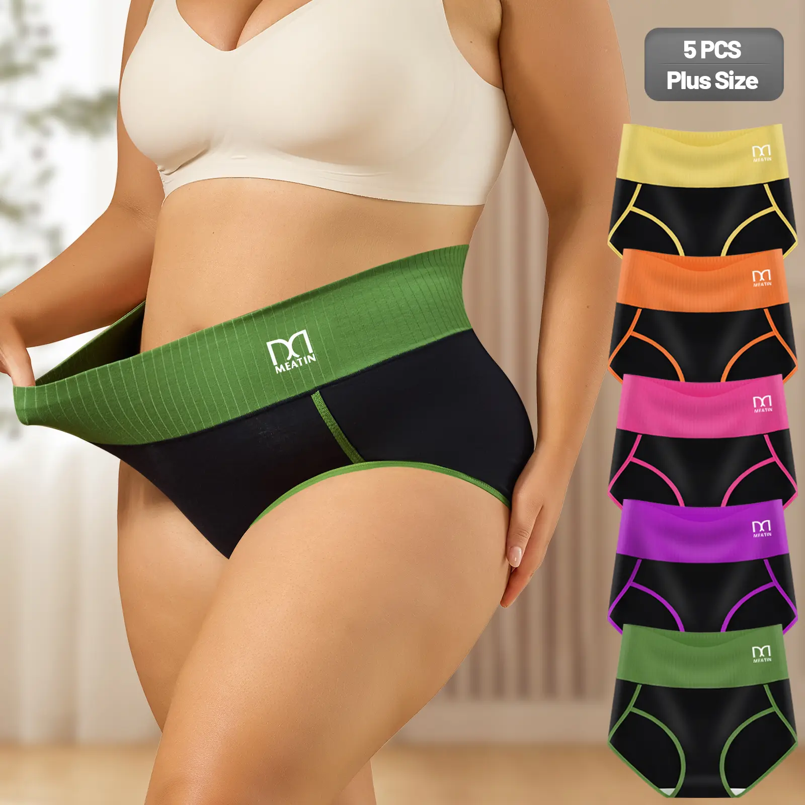 QUASTI Women's Plus Size 5Pcs Cotton Panties - High Waist Wide Leg Briefs, Ribbed Color Block No-Roll Waistband, Anti-Chafe, Soft Breathable Light Fabric, Fashion Fit for Curvy Figures, Plussize, All-Day Dry, Essential, Invisible Under Jeans