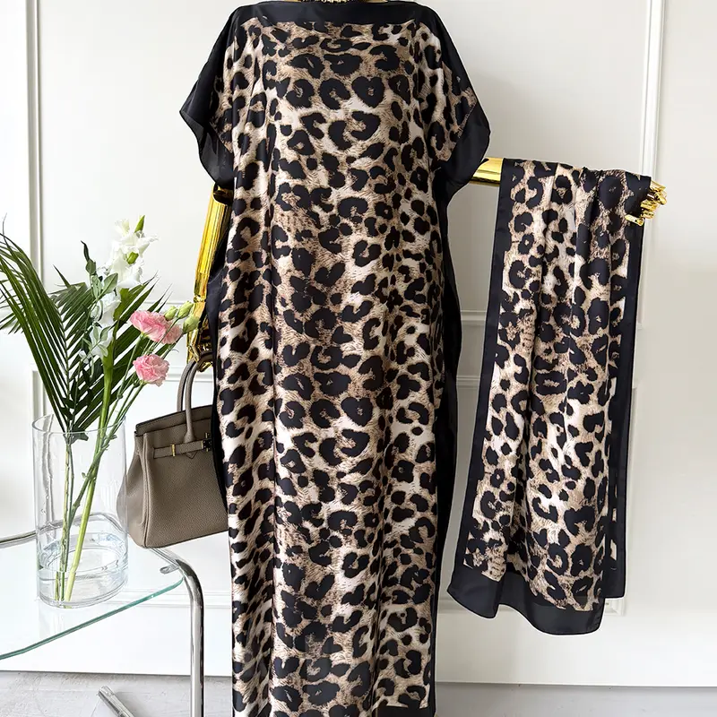 Elegant Leopard Print Silk Shawl Set, Casual Loose-Fit Scarf for Women, Sun Protection Beach Accessory, All-Season Fashion, Fashion Shawl Wrap