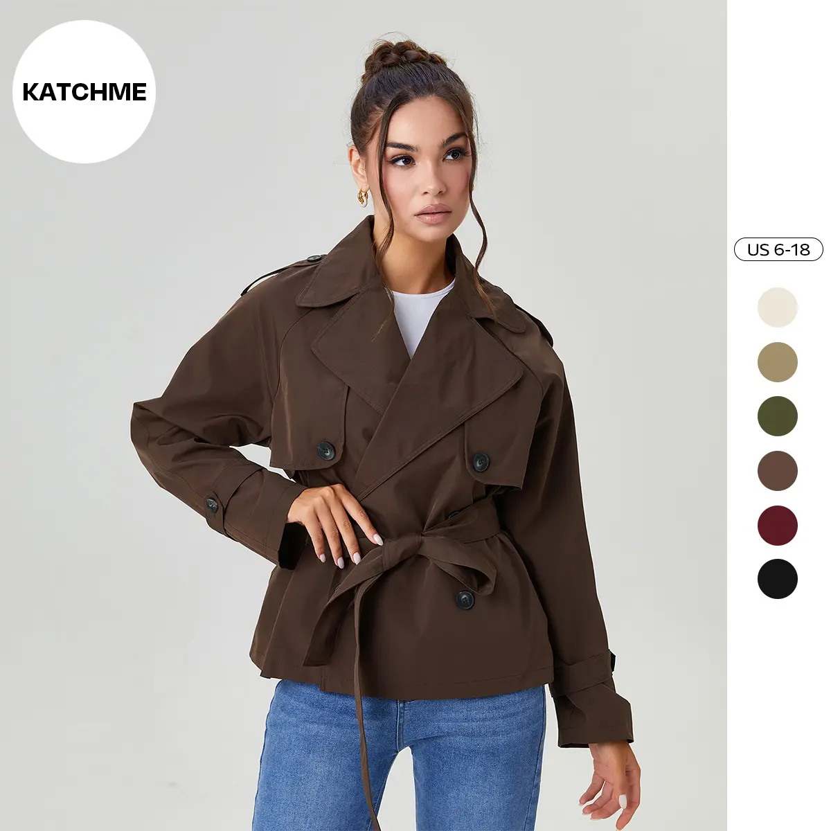 Katch Me Chic Women's Commuter Notch Lapel Double Breasted Detachable Belt Trench Coat, Fall & Winter Plain Wrap Tie Waist Outerwear Jacket, Elegant Trench Coat