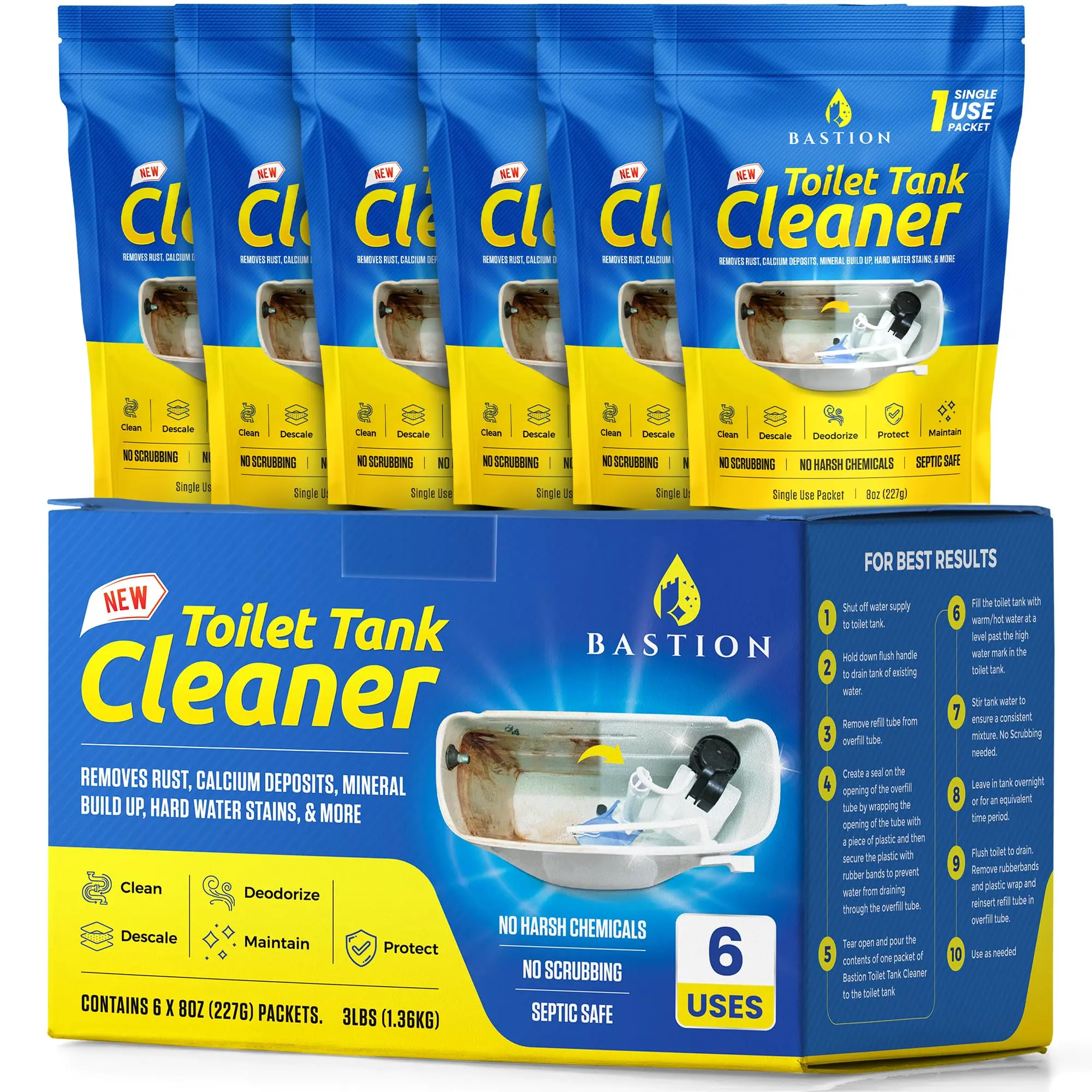 Bastion Toilet Tank Cleaner Tablets – Removes Rust & Mineral Buildup, 6 Uses