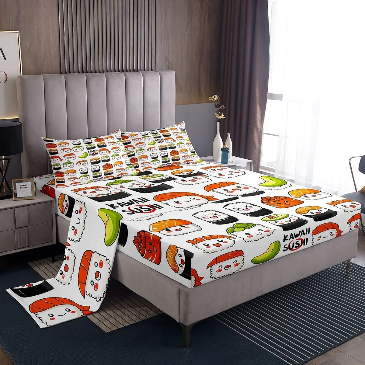 Sushi Bed Sheets,Cartoon Kawaii Decor Sheet Set,Cute Sushi Pattern Bedding Set,Japanese Style Sea Animal Fitted Sheet