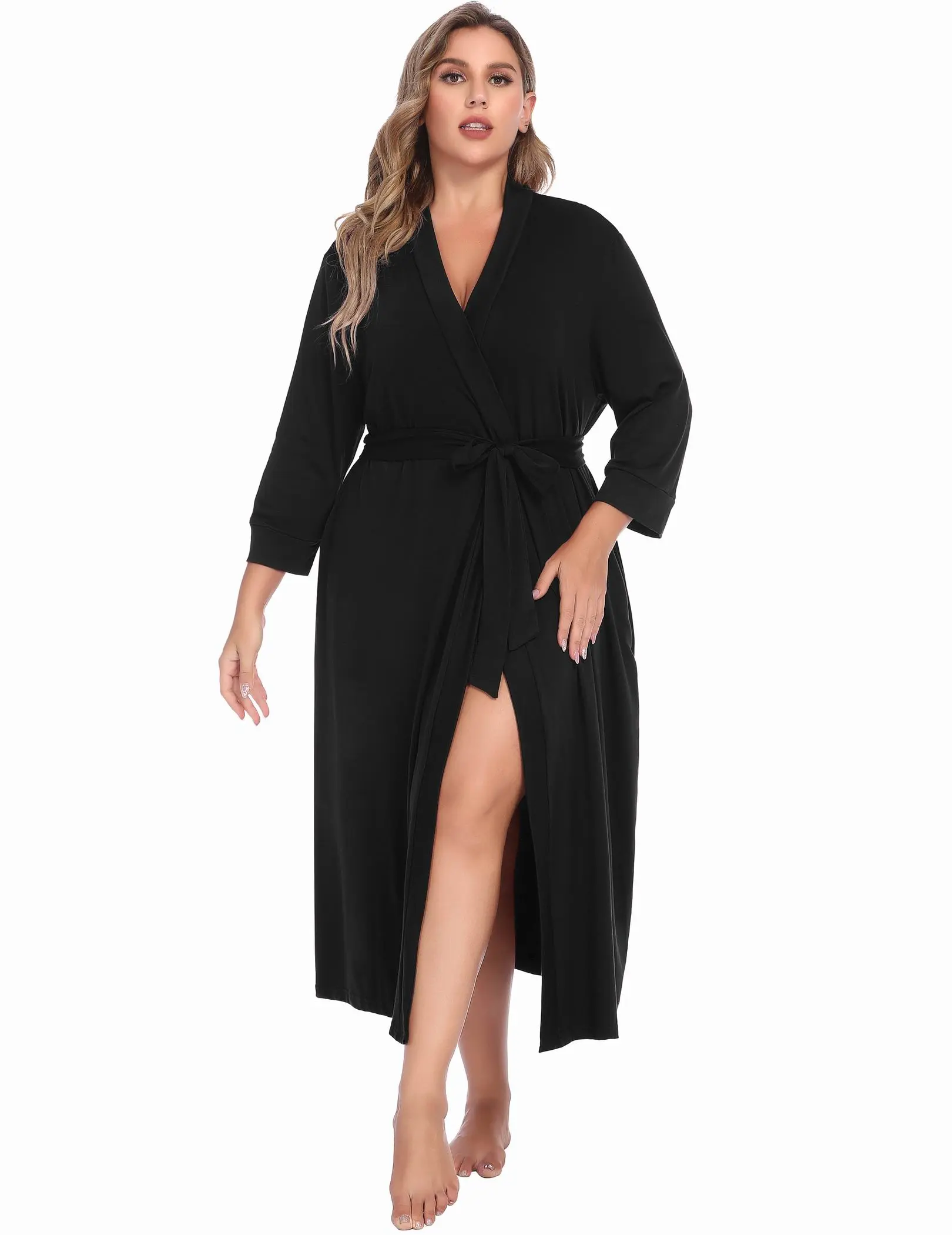 Women's Plus Size Minimalist Polyester Knit Kimono Bathrobe Gown - Basic V-Neck Long Sleeve Soft Nightwear with Adjustable Strap, Pockets, Curvy Fit (1X-5X) for Party, Casual Sleep | Plus Size Clothes for Curvy Women, Friends, Daughter, Fabric, Birthday