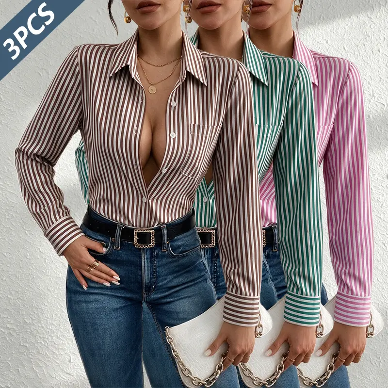 Women's 3-Pack Breathable Striped Long-Sleeve Blouses - Collared Neck, Turn-Down Collar Design, Button Closure, Pockets, Cuff Sleeves, Suitable for Everyday Office Wear in Spring & Autumn
