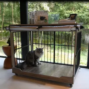 Large Dog Crate Furniture, Double Door Wooden Indoor Dog Kennel Furniture | Decorative Pet Cage End Table with Wheels for Extra Large Breed Dogs, Size 2XL, Rustic Brown