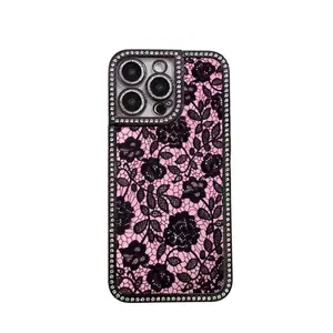 Bling Edge Phone Case Black Lace On Pink Elegant Feminine Design diamond-studded Phone Case For 17 16 15 14 13 12 11 X XS AIR PRO PLUS MAX AIR Phone Case #YJSMXZSHYLS1